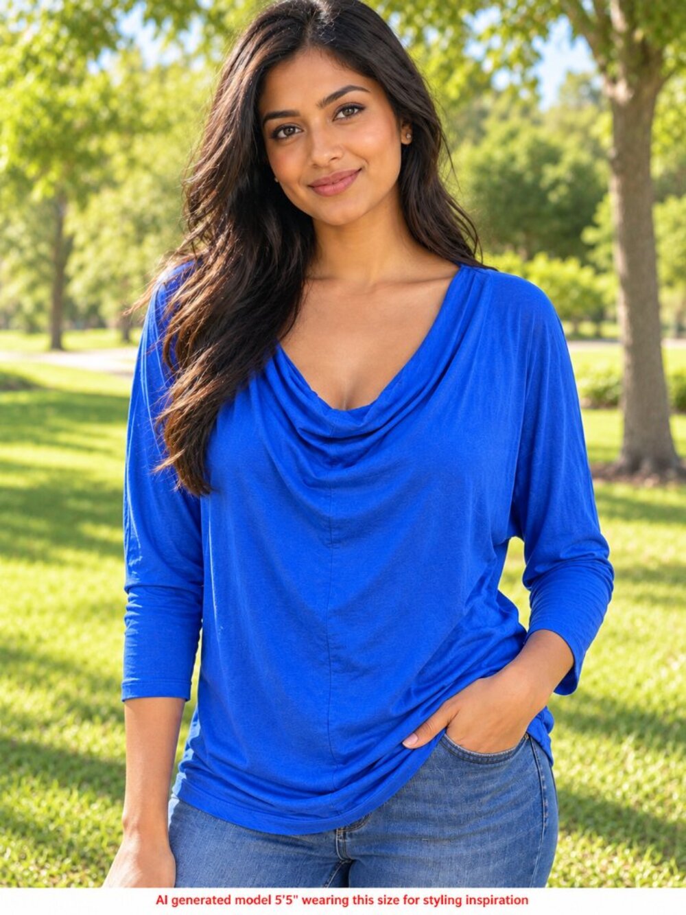 Lilla P Royal Blue Pima Cotton Draped Cowl Neck Dolman Top M